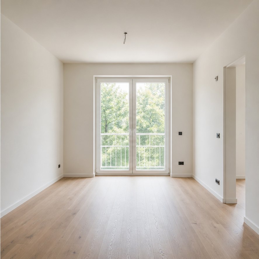 Ambiente interno luminoso con pareti rifinite e pavimento in legno chiaro