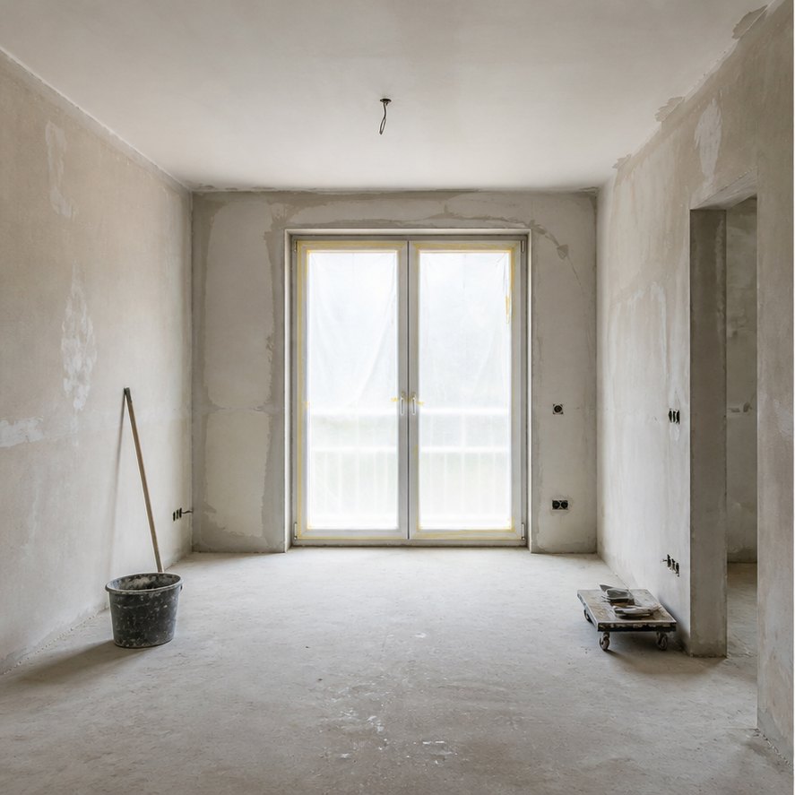 Ambiente interno non arredato con pareti grezze e pavimento ancora da completare