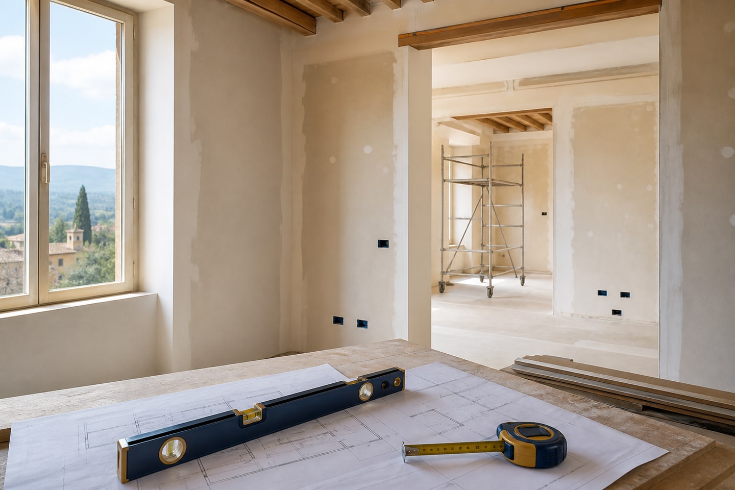 Interno in ristrutturazione con tavola di progetto e strumenti di misura