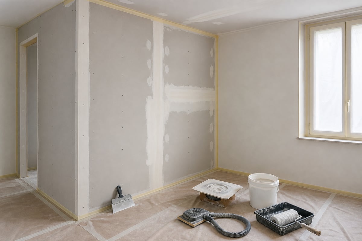 Ambiente interno in finitura con cartongesso, rasatura e preparazione alla pittura