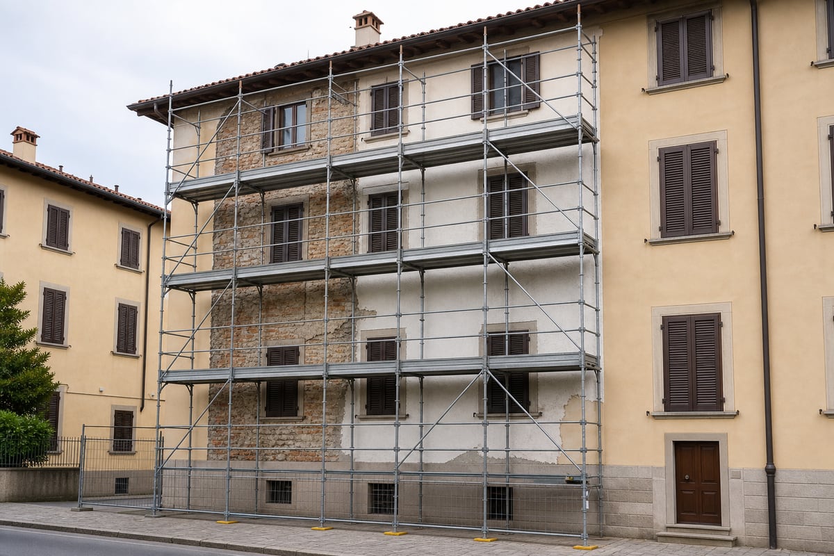 Facciata residenziale in ripristino con ponteggio montato in sicurezza