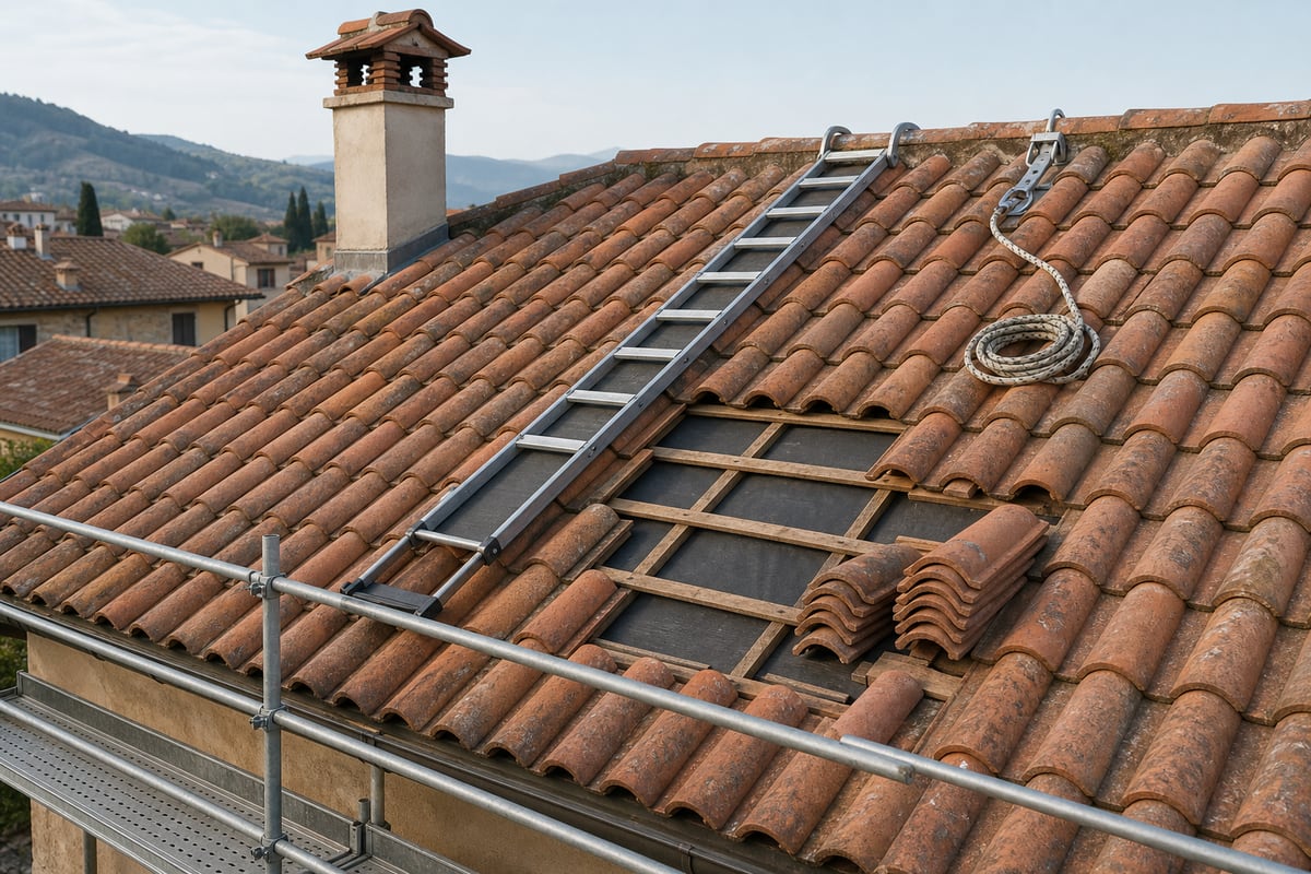 Copertura inclinata con tegole e dispositivi per un accesso di lavoro sicuro