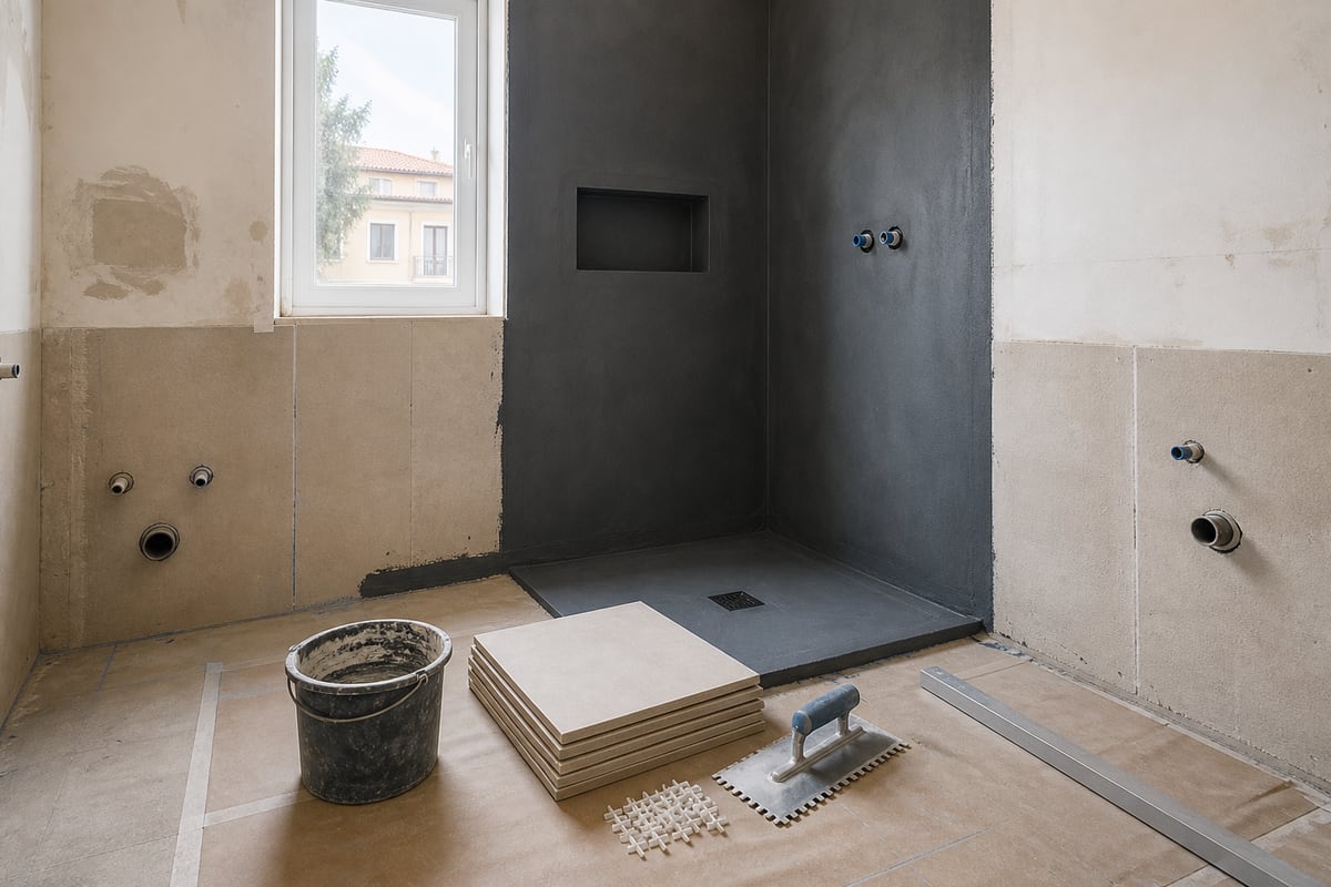 Bagno in ristrutturazione con preparazione delle pareti e piastrelle pronte per la posa