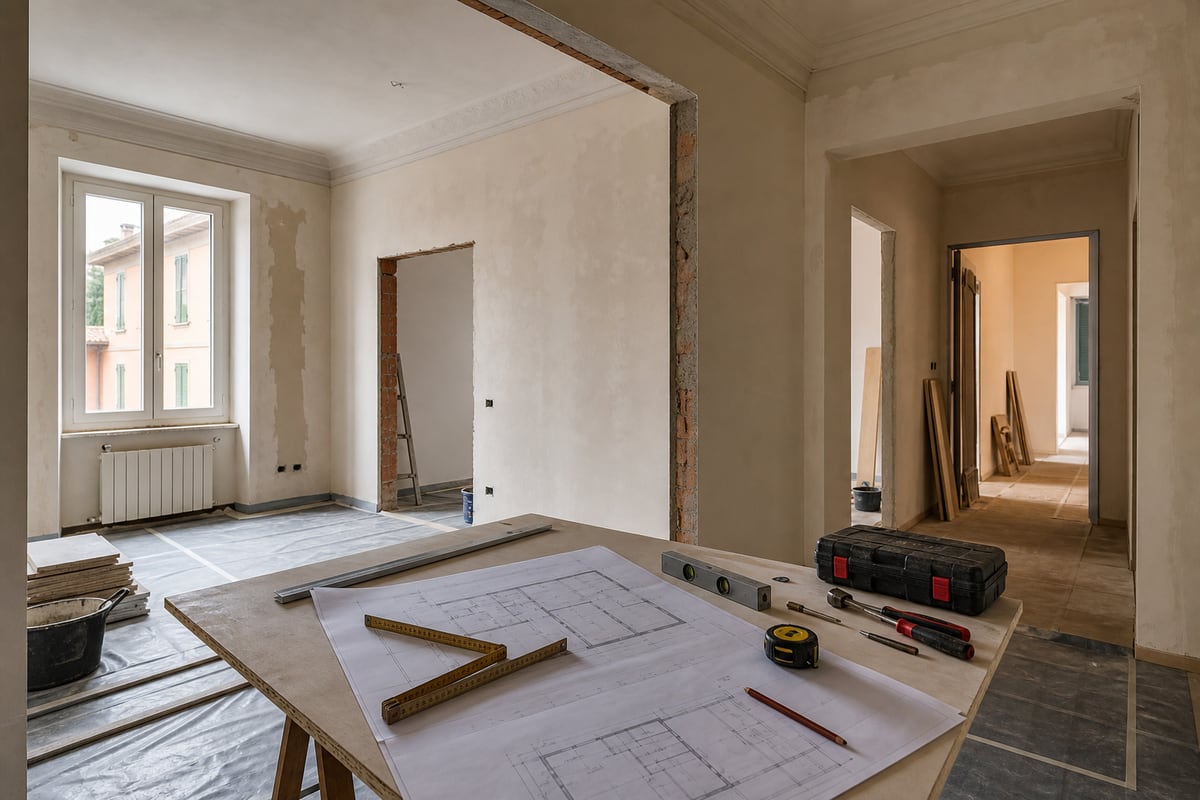 Appartamento in ristrutturazione con tavola di progetto e strumenti ordinati